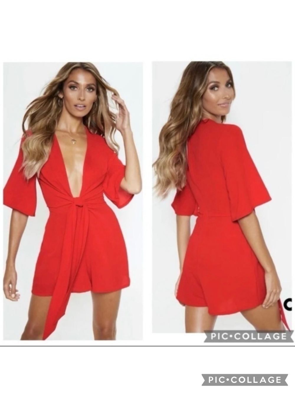 Prettylittlething Red Romper Tie Front Playsuit Plunging V-Neck NWT 4 Party
